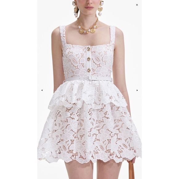 Self-Portrait‎ White Lace Tiered Mini DressUS 2Bridal Shower Bachelorette